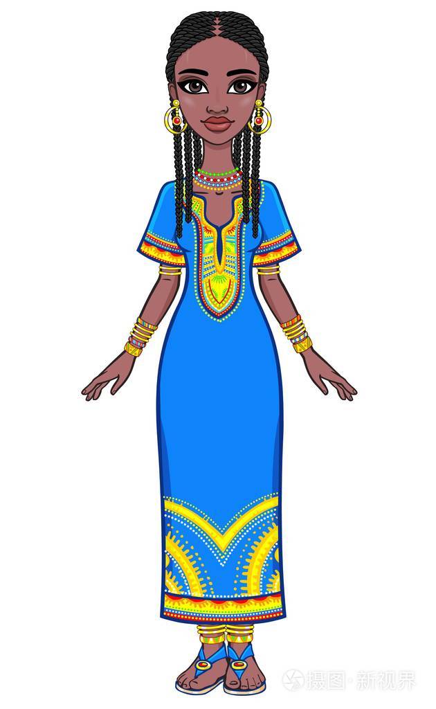 动画的迷人的非洲女孩的画像.鲜艳的民族服装.充分的成长.