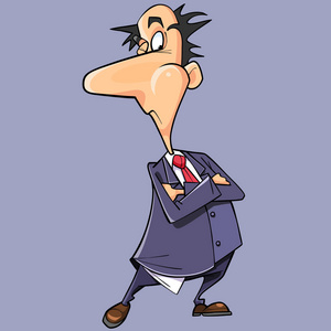 在西服打着领带,双臂交叉在胸前卡通狡猾的人插画