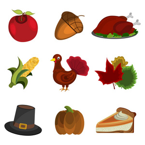 感恩节的一套 苹果 橡子，土耳其 玉米 帽子 Pumpki