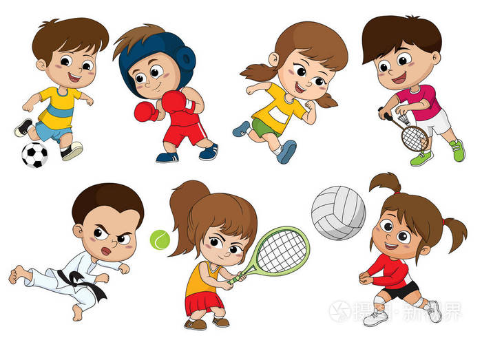 儿童的各种类型的运动,如足球, 拳击, 运行插画-正版商用图片0zgghw