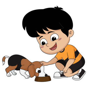 孩子们喂狗,一个朋友,他心爱的人照片