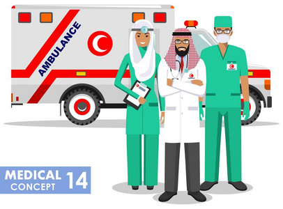 医学的概念。穆斯林的救护人 急诊医生 护士和救护车汽车在白色背景上的平面样式的详细的说明。矢量图