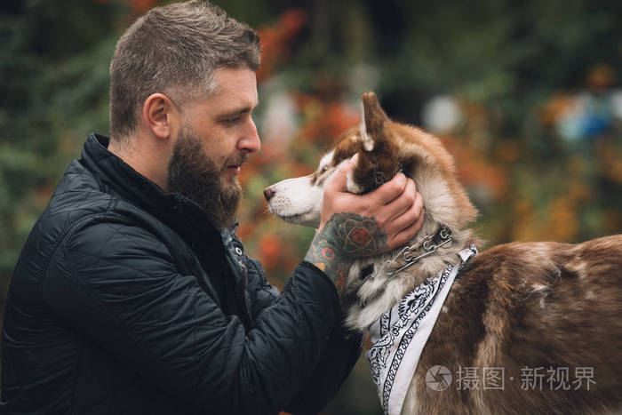 赫斯基狗的人的画像看起来相互对视公园在秋日里