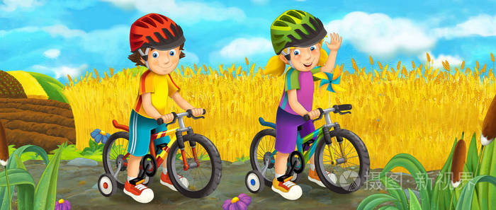 有快乐的孩子的卡通场景，玩得开心，骑自行车，为孩子们提供五颜六色的插图