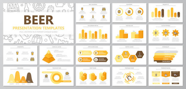 组的啤酒和酒吧，酒馆元素为多功能演示文稿模板幻灯片与图形和图表。单张 企业报告 市场营销 广告 年度报告 书籍封面设计