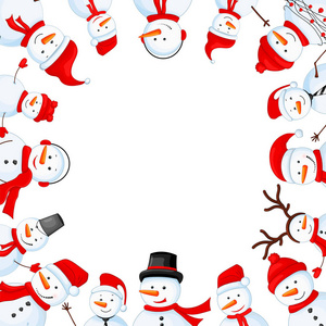 雪人在围巾，靴子，手套，帽子和领带。新年和圣诞节的明信片。白色背景上的孤立的对象。一张照片的框架。模板为您的文本和问候
