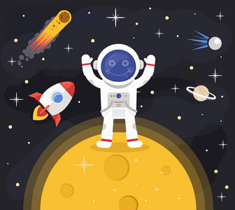 快乐的微笑宇航员人性格站在表面的月亮和亲切的问候.