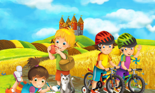 卡通场景，一群孩子玩得很开心，骑自行车。 古堡附近的旅行，儿童彩色插图