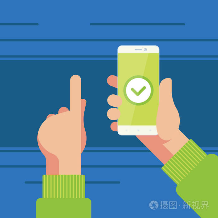 智能手机在右手和左手指向屏幕上的确认按钮