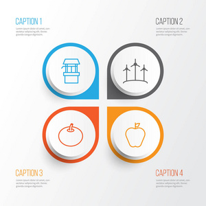 园艺的图标集。乔纳金 风车 萝卜和其他元素的集合。此外包括风车 苹果 萝卜等符号
