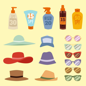 配件夏天帽子集合矢量时尚海滩旅行美丽的头部保护帽和化妆品