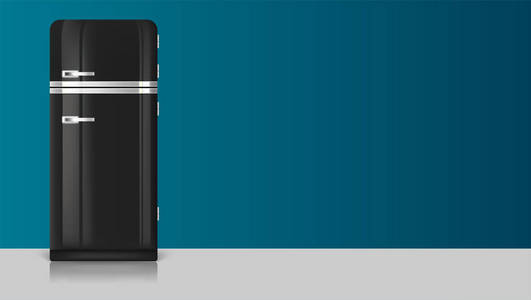 现实的老式黑色冰箱图标。带有复古老式冰箱上水平长背景广告模板。与地方为文本的 3d 图。现实的老式黑色冰箱图标