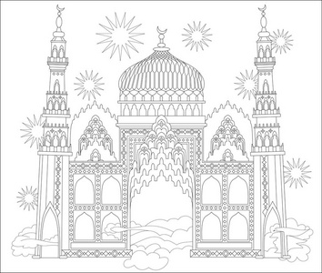 用于儿童和成人的工作表黑白页进行着色.幻想从童话中画出阿拉伯城堡.