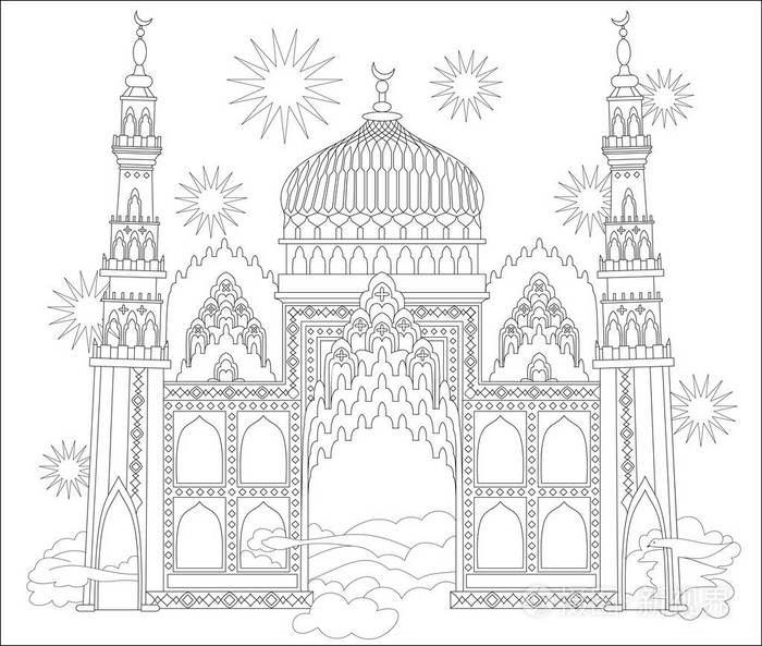 着色的黑与白页梦幻般的阿拉伯城堡从一个童话故事用于儿童和成人的