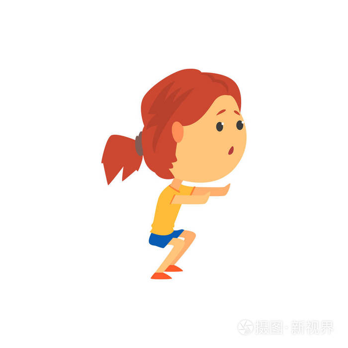 可爱的嬉戏女孩蹲着,孩子身体活动卡通矢量图