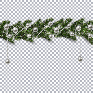 圣诞饰品从阴影与雪花一棵枞树的绿枝。银球和背景跳棋盘上的珠子。插图