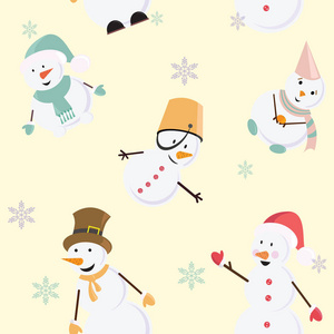 瓷砖卡通 snowmans 有趣的帽子和围巾在黄色背景上的雪花。矢量图