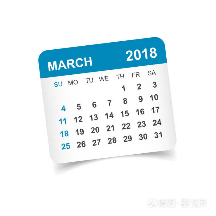 3 月 2018年日历。日历贴纸设计模板。周明星