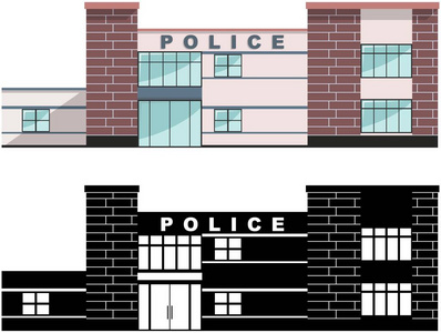 警察概念。孤立在平面样式中的白色背景上的不同种警察署建设 彩色和黑色的剪影。矢量图