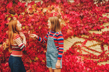 两个有趣的女孩，在外面玩在一起，构成墙上红色的常春藤的秋天画像。十几岁的青少年的秋季时装