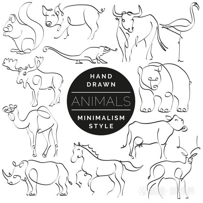 组的动物在手绘制极简主义风格连续线d