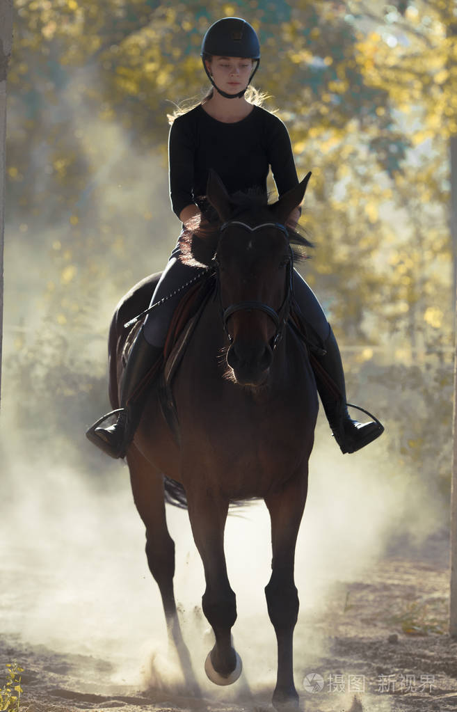 年轻漂亮的女孩,骑着马与背光留在身后