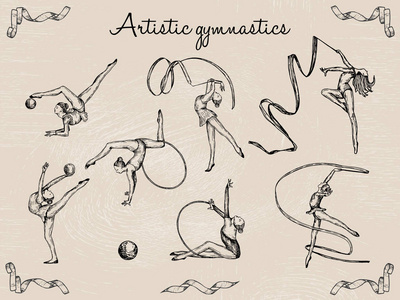 艺术体操组.女孩的体操运动员.笔风格矢量速写照片