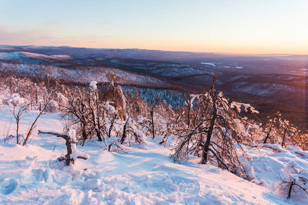冬季景观。雪在群山中对抗美丽的日落