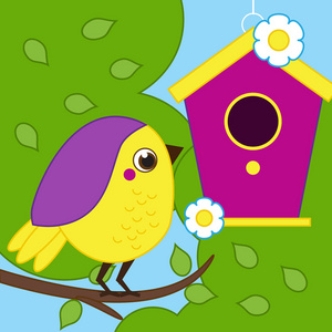 卡通小鸟落在鸟巢附近的树枝上照片