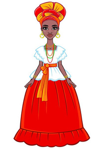 动画的有吸引力的巴西女孩的画像。鲜艳的民族服装。充分的成长。在白色背景上孤立，矢量图