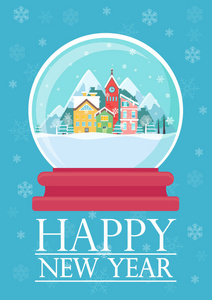 矢量图的玻璃球与雪的城市和快乐新的一年的话。圣诞贺卡