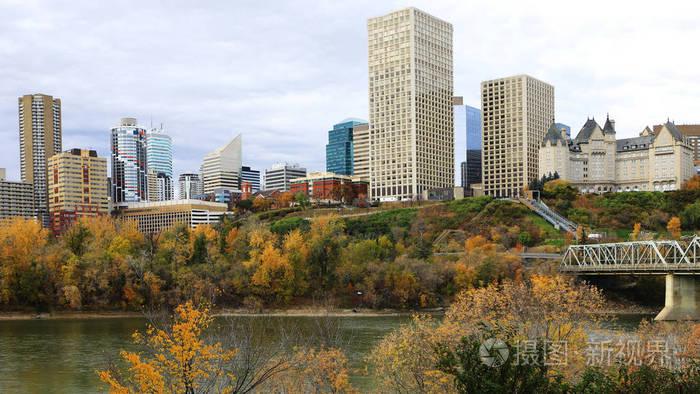 加拿大埃德蒙顿市中心与多彩杨木在秋天