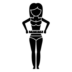 女人测量她的腰饮食健身图标，矢量图中，黑色标志上孤立的背景