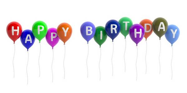 生日快乐在白色背景上五颜六色的气球。3d 图