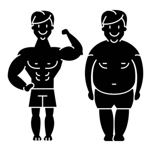 健身俱乐部坚强的人胖子图标，矢量插画，孤立的背景上的黑色标志前后