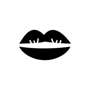 亲吻的嘴唇图标，矢量图中，黑色标志上孤立的背景
