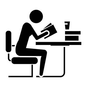 人学习的书在图书馆图标，矢量插画，孤立的背景上的黑色标志