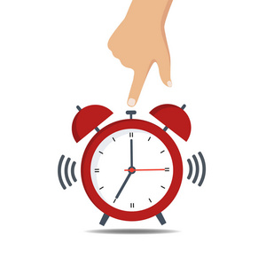 手将关闭红色闹钟.时间概念中醒来.矢量图照片