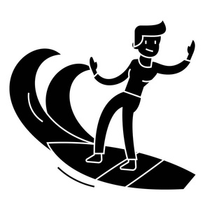 男子冲浪图标，矢量图中，黑色标志上孤立的背景