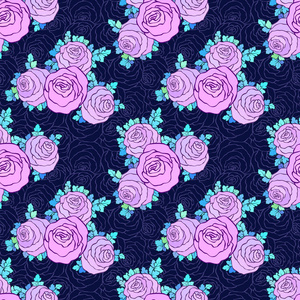 花卉装饰炫彩壁纸与可爱的玫瑰，无缝模式在蓝色背景上的紫丁香色