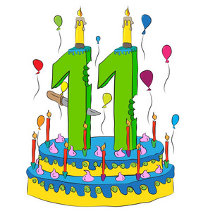 用数字十一蜡烛，庆祝第十一年的人生，五彩的气球和巧克力涂层的生日蛋糕