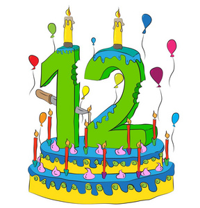 用数字十二的蜡烛，庆祝第十二年的人生，五彩的气球和巧克力涂层的生日蛋糕