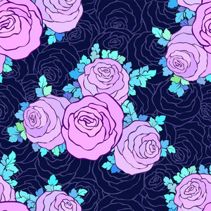 花卉装饰炫彩壁纸与可爱的玫瑰，无缝模式在蓝色背景上的紫丁香色
