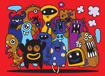 可爱的怪兽套装, 手绘可爱的涂鸦怪兽群, 平面设计矢量插画.