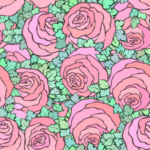 花卉装饰明亮粉红色的背景与可爱的玫瑰，在柔和的粉红色颜色无缝模式