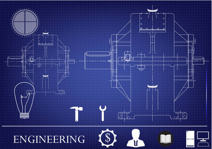 蓝色背景上的机械图纸