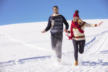 幸福的夫妇一起在外寒假假期里嬉戏雪公园