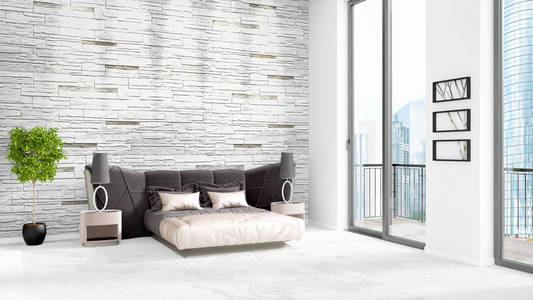 全新白色阁楼卧室最小风格室内的设计与 copyspace 墙和窗外的视图。3d 渲染