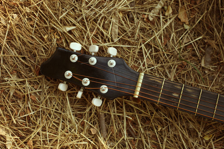 在干燥的草地上的黑色吉他