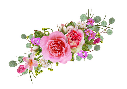 花组成。花环，花环的精致美丽的粉红色玫瑰和绿叶。白色背景上孤立